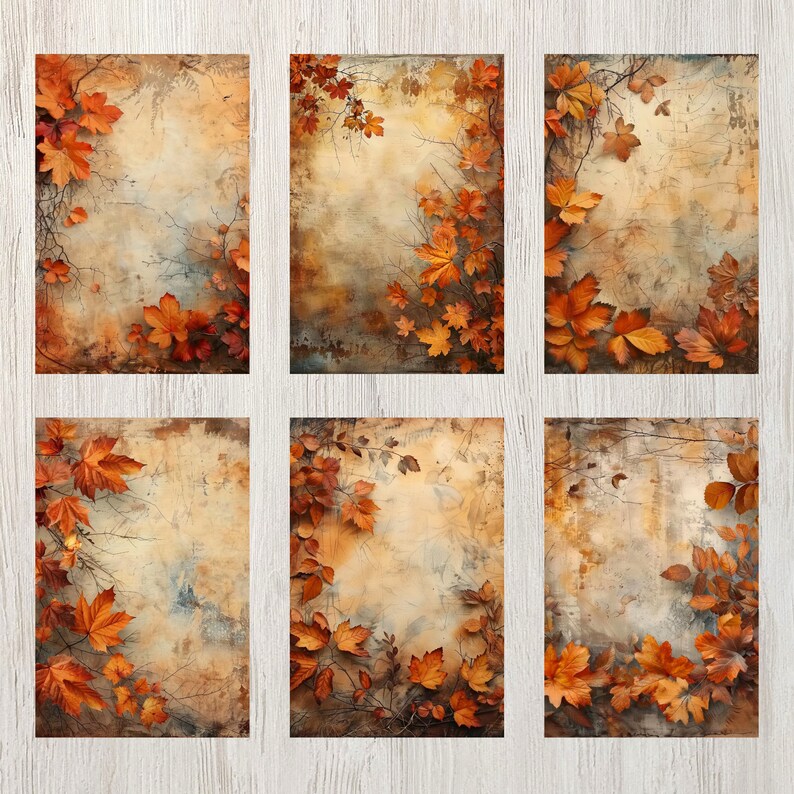 May include: Six digital scrapbook paper designs featuring a border of autumn leaves in shades of orange, brown, and yellow against a textured background.