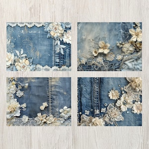 May include: Four square images with a denim background, adorned with white and cream-colored floral embellishments and lace trim. The denim has a distressed, vintage appearance, with visible stitching and textures.