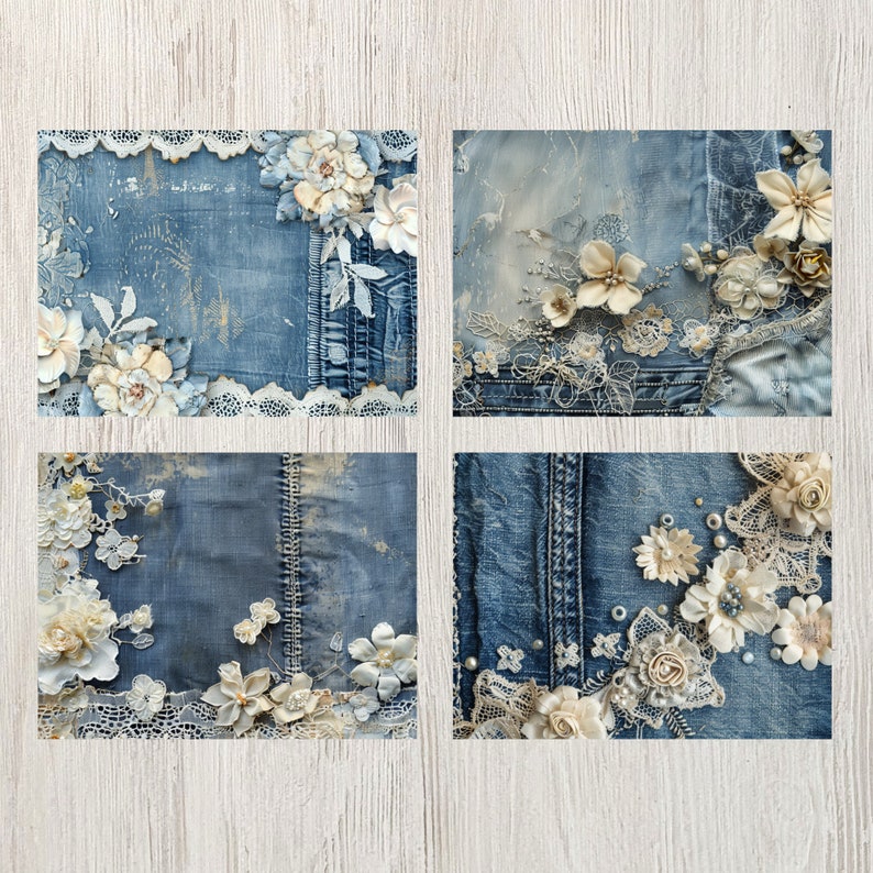 May include: Four square images with a denim background, adorned with white and cream-colored floral embellishments and lace trim. The denim has a distressed, vintage appearance, with visible stitching and textures.