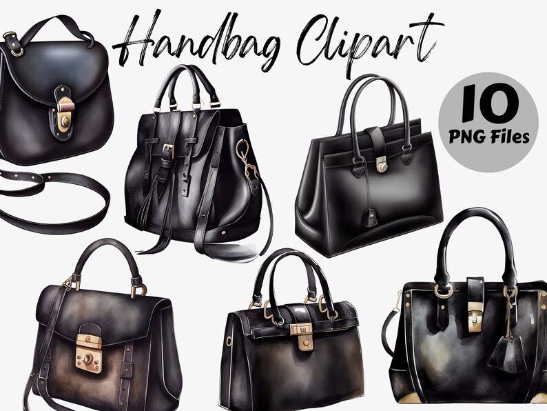 May include: Ten black leather handbags with gold hardware. The handbags are in various styles, including a satchel, a tote, and a crossbody bag.  Handbag Clipart 10 PNG Files