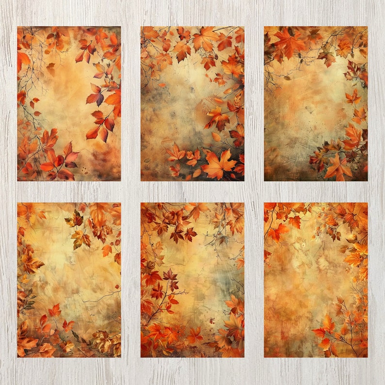 May include: Six digital collage images featuring a vintage, textured background with autumn leaves in shades of orange, red, and yellow. The leaves are arranged in a circular pattern around the edges of each image, creating a frame for the background.
