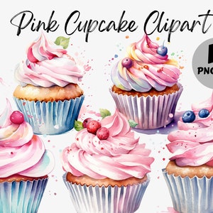 Aquarell Pink Cupcake Clipart Bundle | Romantische Cupcake Digitale Bilder | Pink Cupcake Grafik | Aquarell Lebensmittel Clipart | Valentinstag PNG