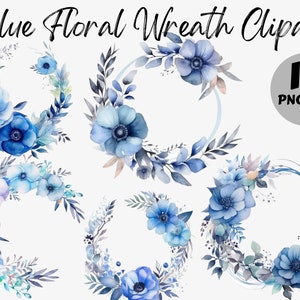 Clipart de guirlanda floral azul aquarela | Imagens digitais de guirlanda floral | Gráficos de guirlanda floral em aquarela | Guirlanda Floral PNG | Arquivo Instantâneo