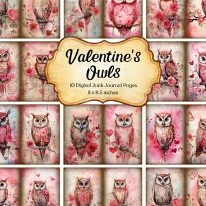 Saint-Valentin hibou Junk Journal Page imprimable Scrapbooking kit de papier oiseau éphémères romance feuille de collage amour numérique papier de fond