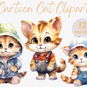 Watercolor Cat Clipart Bundle | Cat PNG | Digital Image Bundle | Digital Download | Nursery Graphics | Commercial Use | Cartoon Cat