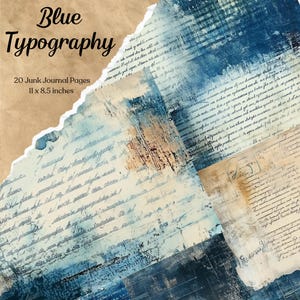 Papier indésirable typographie bleu, pages imprimables vintage, éphémères, carte de scrapbooking, feuille de collage numérique, journal indésirable, scrapbooking papier, calligraphie