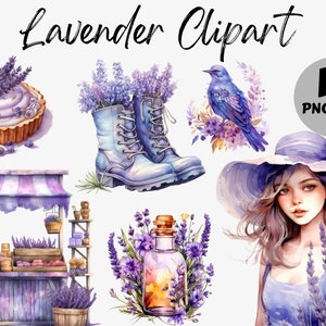 Zestaw clipartów akwarelowych lawendy | Grafiki akwarelowe lawendy | Lawendowy PNG | Obrazy do scrapbookingu, dziennikarstwa | Użytek komercyjny