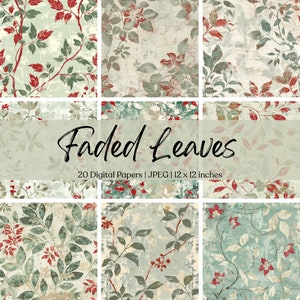 Puede incluir: Un conjunto de 20 papeles digitales con un patrón floral descolorido con hojas rojas y verdes sobre un fondo texturizado. Los papeles miden 30,5 x 30,5 cm y son perfectos para scrapbooking, creación de tarjetas y otros proyectos de manualidades.