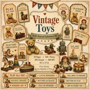 Puede incluir: Un kit de efímeros digitales titulado Vintage Toys con ilustraciones de osos de peluche, patos de arrastre, robots, caballos balancín, veleros y tambores en etiquetas de papel envejecido, incluyendo 10 páginas y más de 150 piezas.