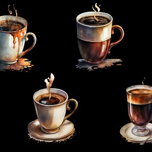 May include: Four watercolor illustrations of coffee cups on a black background. The cups are all different styles and have different amounts of coffee in them. Some of the cups have steam coming from them.