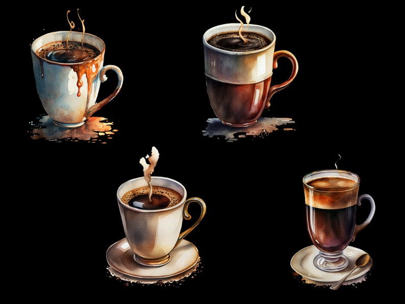 May include: Four watercolor illustrations of coffee cups on a black background. The cups are all different styles and have different amounts of coffee in them. Some of the cups have steam coming from them.