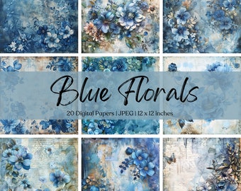 Blue Floral Printable Digital Paper Pack | Flower Background | Card Making | Scrapbook Crafting | Printable Pages | DIY | Commercial Use