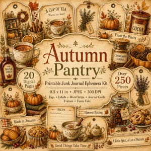Może przedstawiać: Cyfrowy zestaw efemeryd zatytułowany Autumn Pantry zawierający 20 stron i 250 elementów, w tym etykiety i paski z napisami. Projekt przedstawia dynie, filiżanki herbaty, cynamon, ciasteczka i słoiki z napisami takimi jak A Cup of Tea.