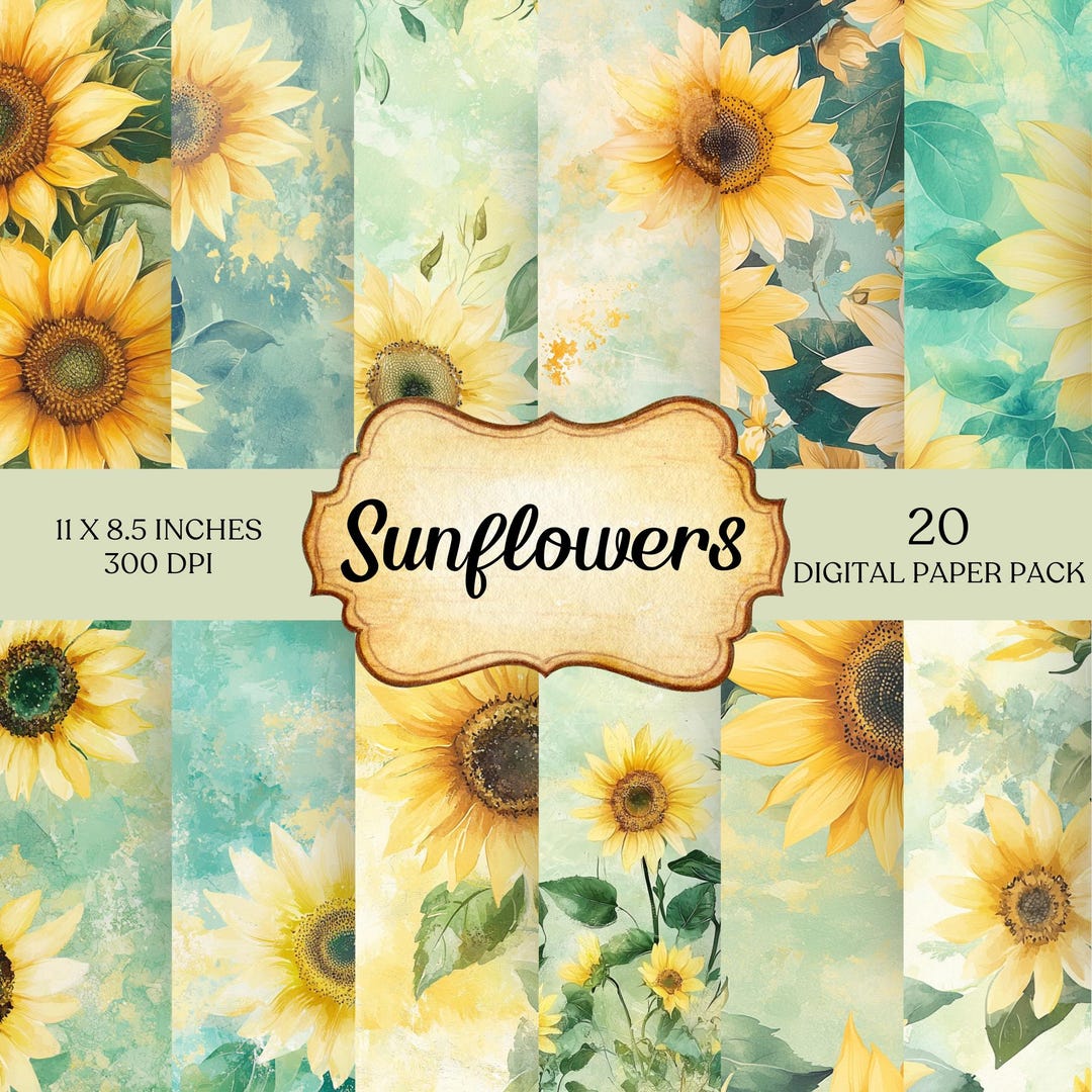Sunflower Digital Paper Pack, Rustic Floral Junk Journal Pages, Yellow ...