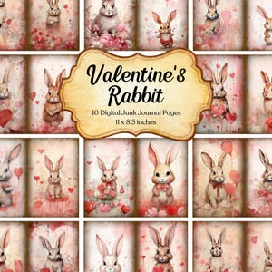 Kit de papier pour scrapbooking animaux, page imprimable, carnet lapin, Saint-Valentin, feuille de collage romantique, éphémères de la Saint-Valentin, papier de fond numérique
