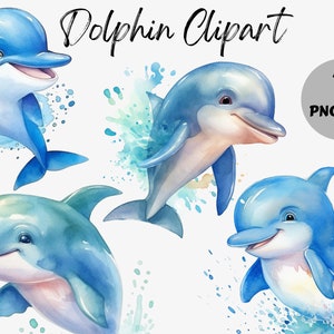 Paquete de imágenes prediseñadas de delfines de acuarela / Imágenes digitales de delfines / PNG de delfines / Descarga digital / Gráficos de vivero / Uso comercial