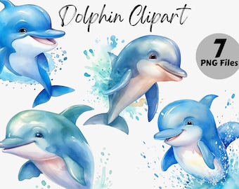 Paquet de Clipart de dauphin aquarelle | Images numériques de dauphins | Dauphin PNG | Téléchargement numérique | Graphiques de pépinière | Un usage commercial
