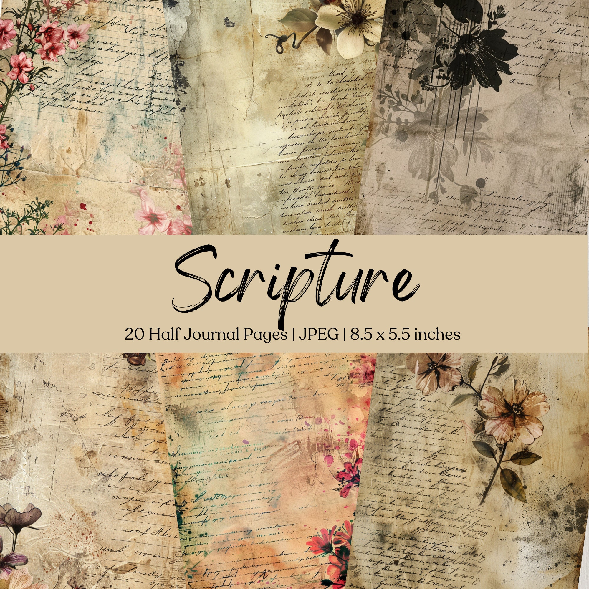 Scripture Junk Journal Printable Pages | Vintage Card | Digital Collage Sheet | Junk Journal Kit | Victorian Scrapbook Ephemera Calligraphy