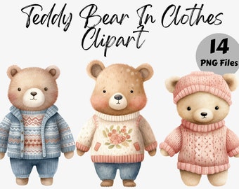 Pacchetto di clipart PNG dell'orsacchiotto dell'acquerello / sublimazione dell'orsacchiotto / immagini digitali per scrapbooking, journaling / uso commerciale