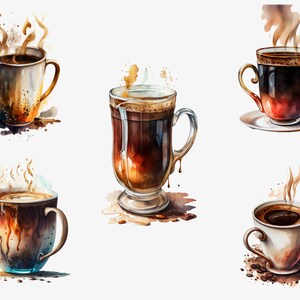 May include: Six watercolor illustrations of coffee mugs and a glass of coffee. The mugs are in various styles and colors, and all have steam rising from them. The coffee is dark brown and has a frothy top. The illustrations are on a white background.