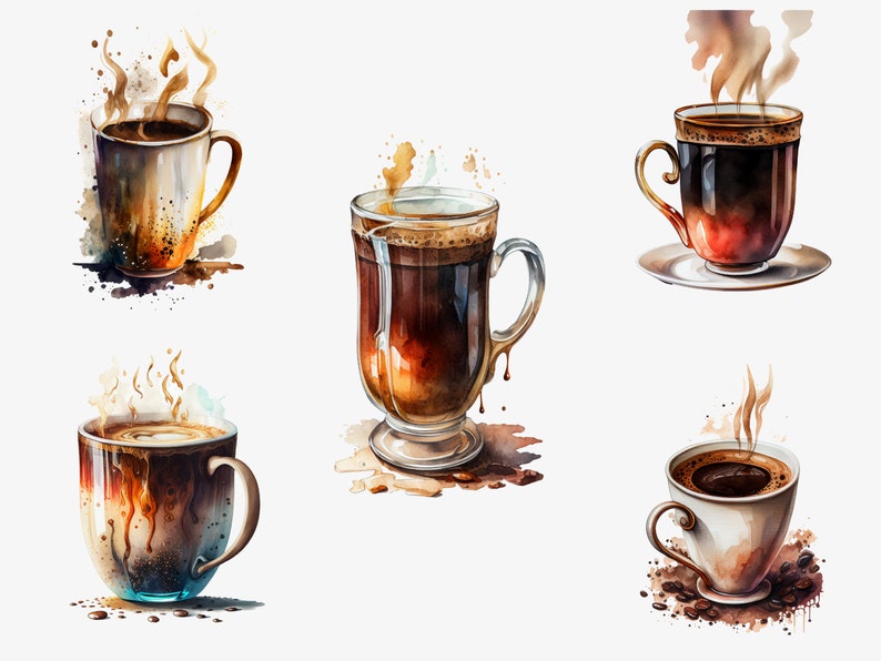 May include: Six watercolor illustrations of coffee mugs and a glass of coffee. The mugs are in various styles and colors, and all have steam rising from them. The coffee is dark brown and has a frothy top. The illustrations are on a white background.