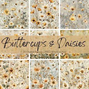 20 fleurs renoncules et marguerites sur papier imprimable sans couture shabby chic en téléchargement numérique aquarelle fleur scrapbooking indésirable journal éphémères JPG