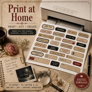 May include: A digital download sheet of printable labels featuring vintage-style crime investigation themes. The labels include text such as Case File, Evidence, Top Secret, and Confidential, printed on a white sheet emerging from a printer.