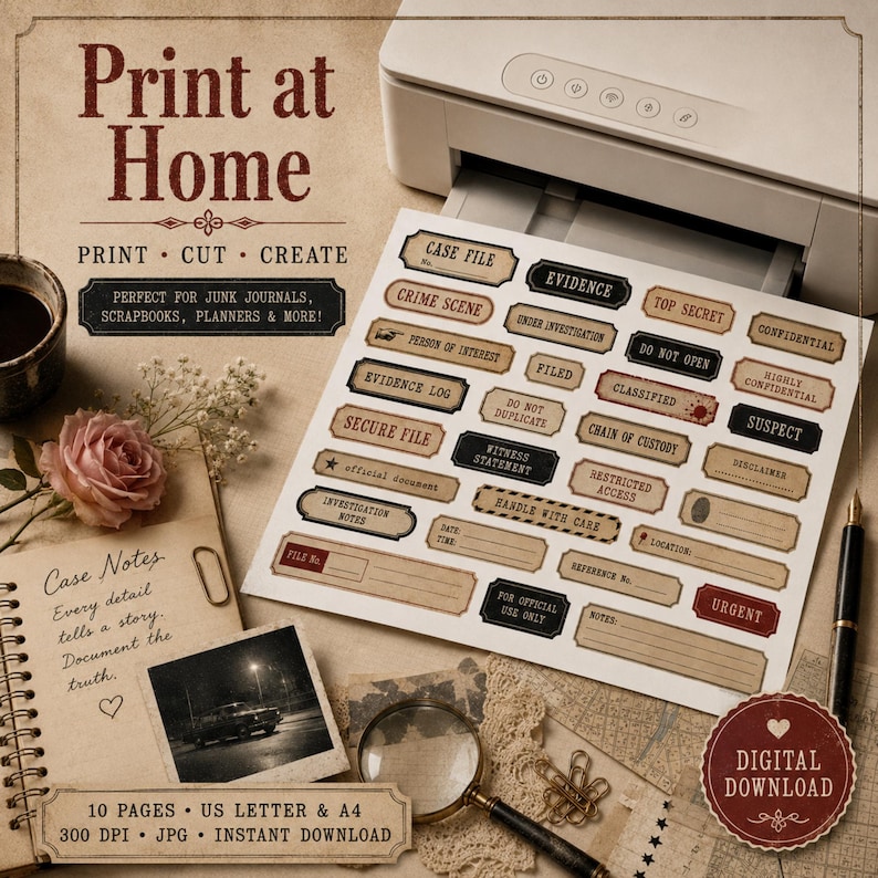 May include: A digital download sheet of printable labels featuring vintage-style crime investigation themes. The labels include text such as Case File, Evidence, Top Secret, and Confidential, printed on a white sheet emerging from a printer.