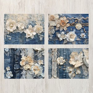 May include: Four square art pieces featuring denim backgrounds adorned with white and cream-colored fabric flowers, lace, and embellishments. Each piece showcases a unique floral arrangement, creating a textured and layered effect. The denim provides a rustic contrast to the delicate floral details.