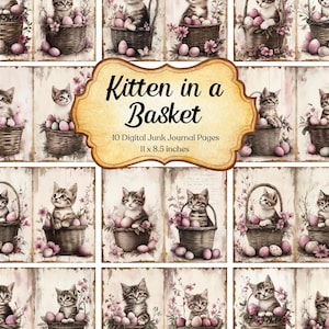 Pacote de páginas de diário de lixo de gatinho de Páscoa para impressão em papel para scrapbooking, diário de lixo de animais, colagem de itens efêmeros de gato, papel digital para download instantâneo