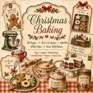 Op de afbeelding: Een digitale collectie van kerstbak-thema afbeeldingen, inclusief labels en kaarten. De set bevat illustraties van peperkoek, een mixer, een taart, cacao en bloem, met de tekst Christmas Baking.