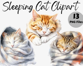 Paquete de imágenes prediseñadas de gato durmiente de acuarela / Gato de acuarela PNG / Gatito lindo / Sublimación de gato / Imágenes de planificador digital / PNG transparente