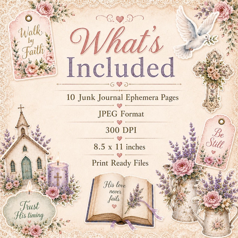 May include: A digital collection of 10 junk journal ephemera pages in JPEG format at 300 DPI, measuring 8.5 x 11 inches. The design features floral motifs, a church, a dove, a cross, a candle, and an open book with the text His love never fails.