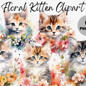 Watercolor Floral Kitten Clipart | Sublimation | Kitten PNG | Animal Clipart | Cat PNG | Commercial Use | Transparent PNG | Digital Files