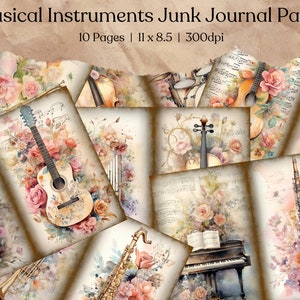 Papel imprimible de instrumentos musicales / Páginas de diario basura / Fondo de notas musicales / Páginas imprimibles de diario digital / Música / Ephemera / ATC