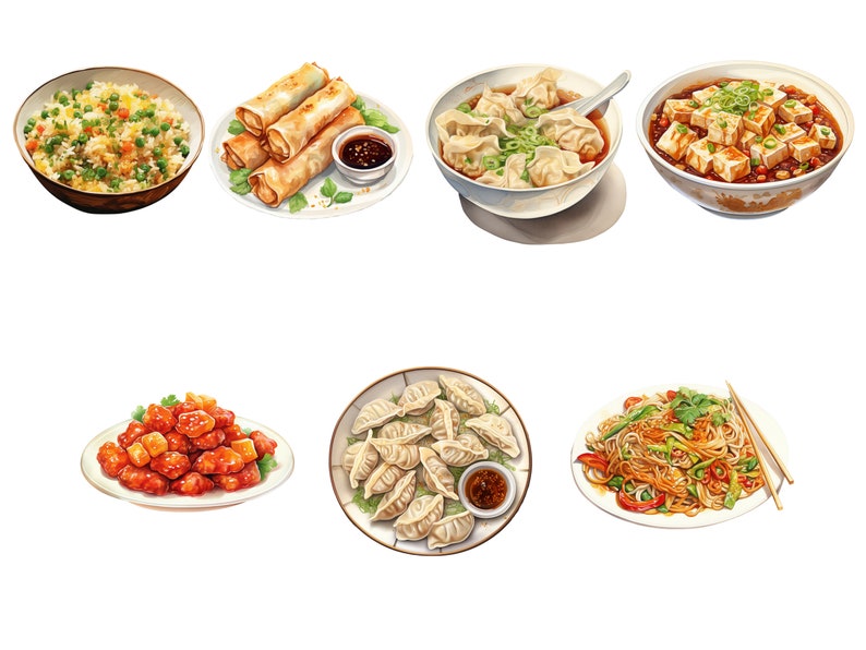Pode incluir: Uma variedade de pratos chineses, incluindo arroz frito, rolinhos primavera, bolinhos, tofu e macarr&atilde;o. Os pratos s&atilde;o dispostos em pratos e tigelas brancas.