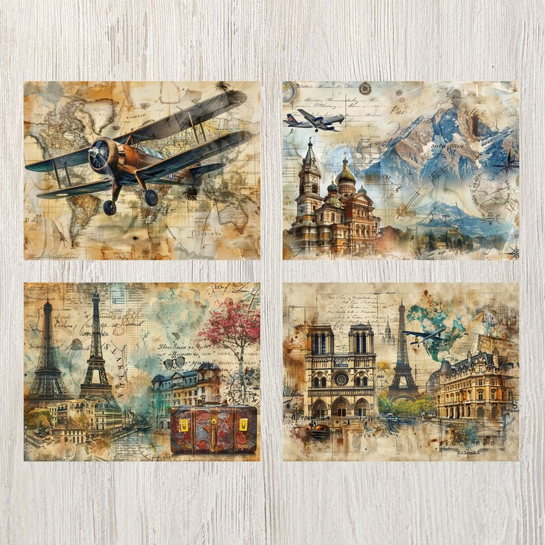 Pode incluir: Um conjunto de quatro cart&otilde;es postais de estilo vintage que representam destinos de viagem. O primeiro cart&atilde;o postal mostra um biplano vermelho voando sobre um mapa. O segundo cart&atilde;o postal mostra uma igreja com uma c&uacute;pula azul e detalhes dourados. O terceiro cart&atilde;o postal mostra a Torre Eiffel e uma mala. O quarto cart&atilde;o postal mostra a Catedral de Notre Dame e a Torre Eiffel.