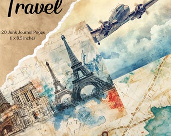 Vintage Travel Junk Journal Pages Digital Floral Ephemera Printable Shabby Collage Sheet Antique Suitcase Scrapbook Vacation Paper Kit Plane