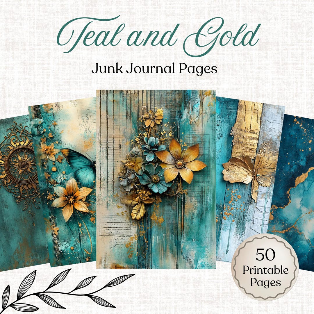 Teal and Gold Junk Journal Page Bundle | Abstract Background | Digital ...