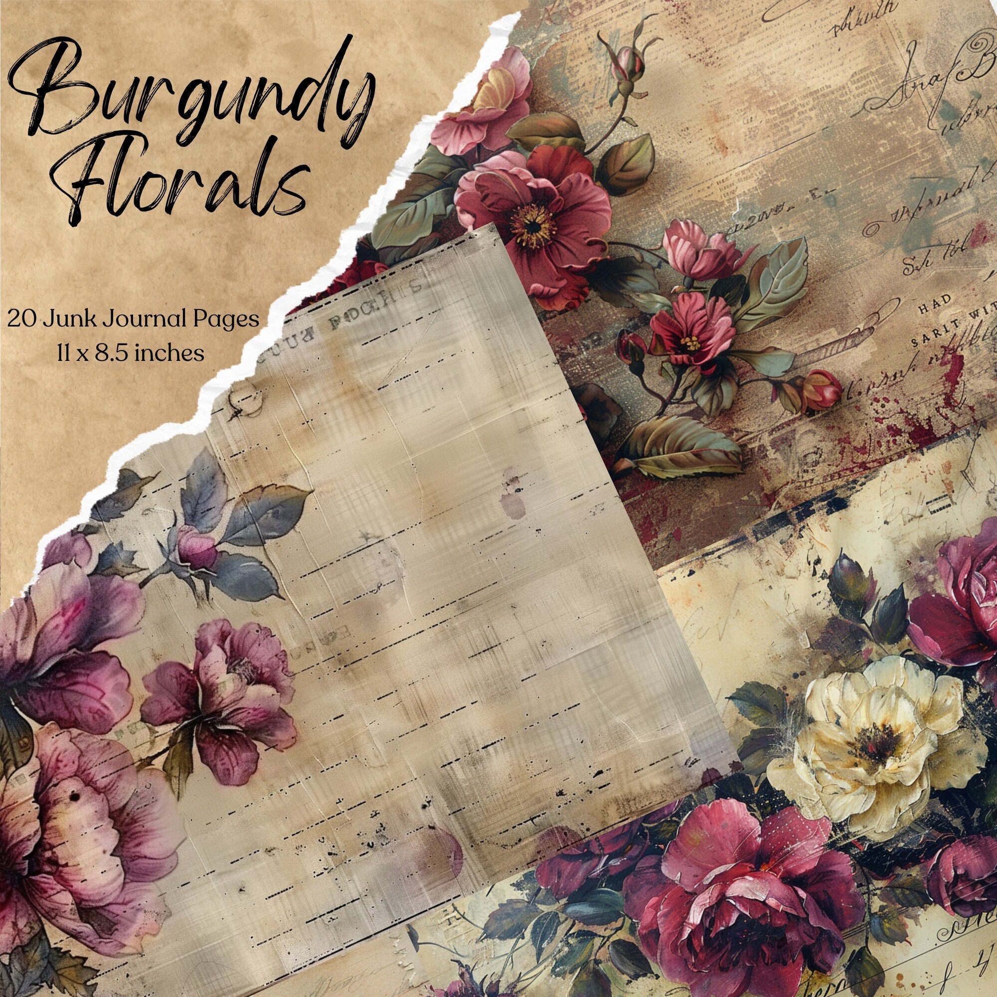 Burgundy Floral Junk Journal Pages Flower Printable Flower Paper Craft ...
