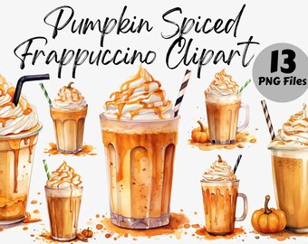 Pumpkin Spice Frappuccino Clipart, Fall Latte PNG, Autumn Coffee Clip Art, Cozy Pumpkin Drink Illustrations for Sublimation Stickers Crafts