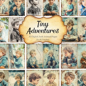 Tiny Adventures Junk Journal Kit | Vintage Young Boy Printable Pages | Storybook Digital Scrapbook Paper | Whimsical Childhood Ephemera