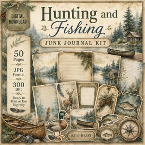 May include: A digital junk journal kit titled Hunting and Fishing featuring 50 pages in JPG format at 300 DPI. The collection includes vintage-style illustrations of a deer, a duck, fish, pinecones, canoes, and a compass on aged paper textures.