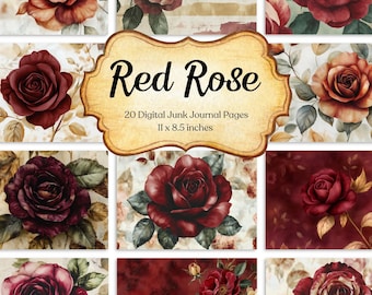 Red Rose Junk Journal Paper Kit, diepe vintage bloemen afdrukbare pagina's voor scrapbooking, journaling, kaarten maken en romantische digitale ambachten