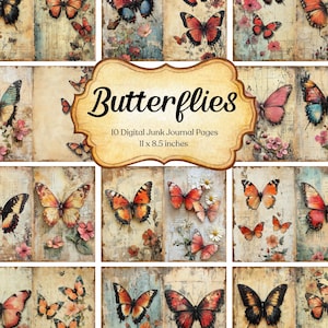Schmetterling Junk Journal Druckbare Seite Blume Scrapbook Papier Kit Vintage Tier Ephemera Alt Collage Sheet Digital Floral Hintergrund Notizblock