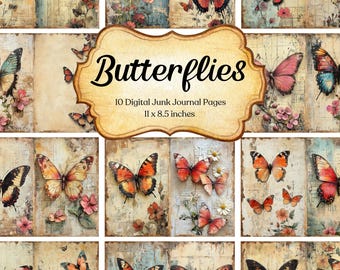Butterfly Junk Journal Printable Page Flower Scrapbook Paper Kit Vintage Animal Ephemera Old Collage Sheet Digital Floral Background Notepad