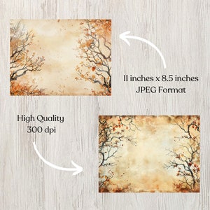 May include: A digital download of a watercolor background with branches and leaves in shades of brown, orange, and yellow. The background has a vintage, aged paper texture. The image is 11 inches by 8.5 inches and 300 dpi.