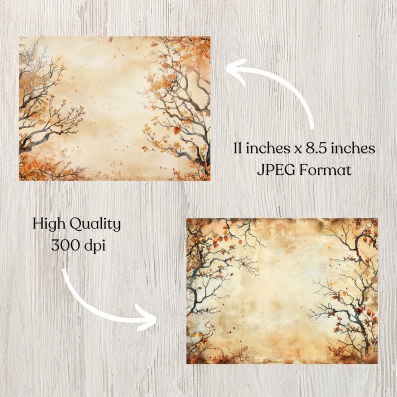May include: A digital download of a watercolor background with branches and leaves in shades of brown, orange, and yellow. The background has a vintage, aged paper texture. The image is 11 inches by 8.5 inches and 300 dpi.
