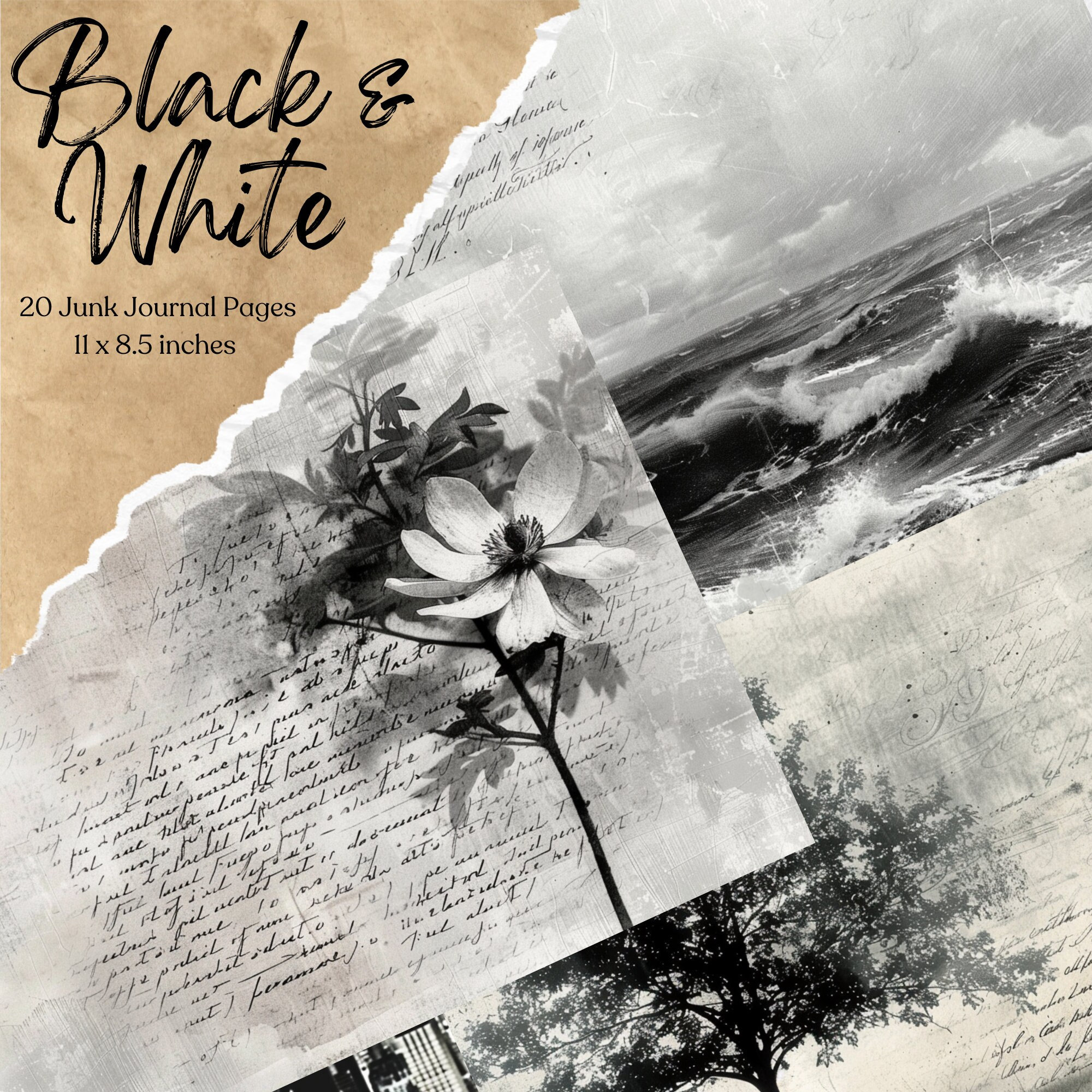 Black and White Junk Journal Page Digital Monochrome Theme Scrapbook ...