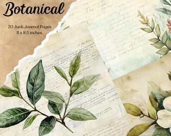 May include: 20 botanical themed junk journal pages with handwritten text and watercolor illustrations of leaves and flowers. Each page is 11 x 8.5 inches.